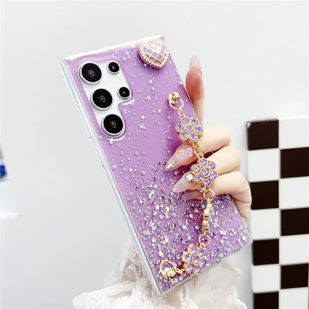 Luxury Sparkle Gem Flower Bracelet Phone Case for Samsung Galaxy S24 S23 S22 S21 S20 FE Ultra Plus Note 20 Ultra 10 Koke Cover