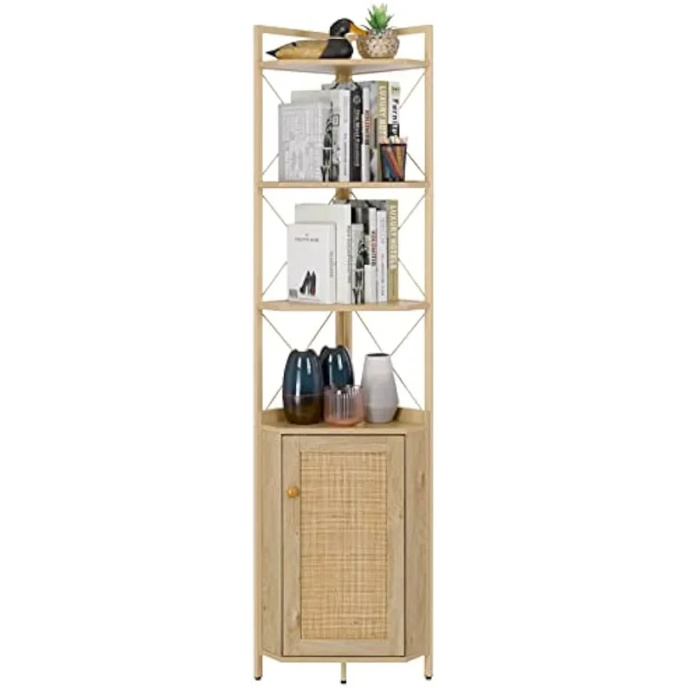 

Finnhomy Corner Shelf with Cabinet, 71 Inches Multipurpose Corner Cabinet with Rattan Decorated Doors, Corner Storage Shelves