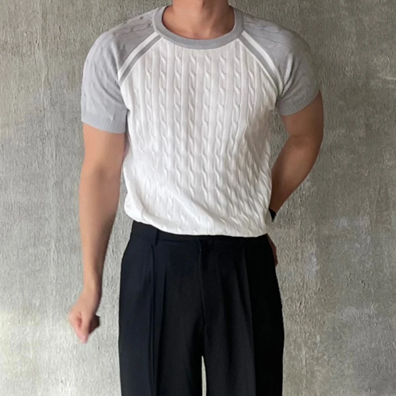 남성용 빈티지 슬림핏 O넥 반팔 패치워크 니트 티셔츠, 캐주얼 통기성 뜨게 상의, 여름 신상