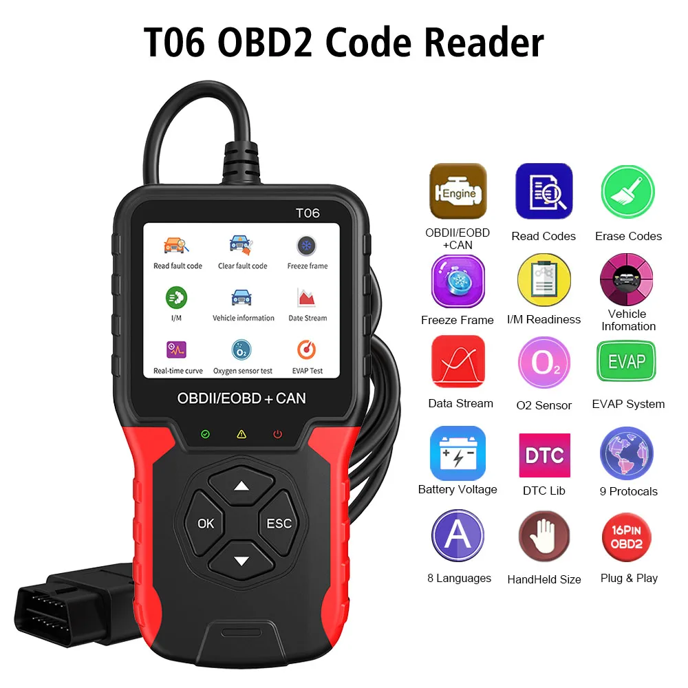 Auto Accessories OBD2 Scanner T06 Check Engine System Code Reader Multi-language Support Car Diagnostic Tool Battery Tester 2