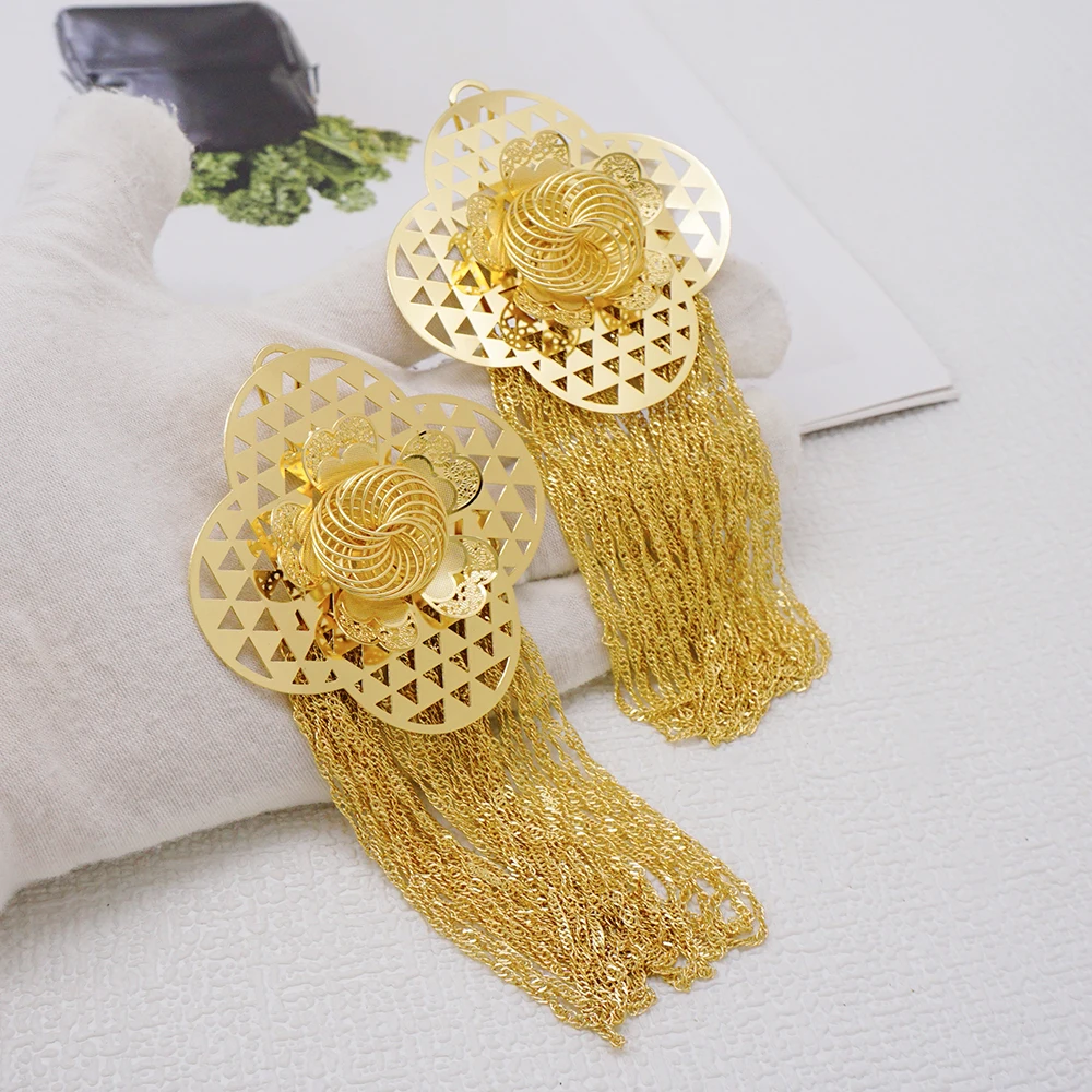 Nigerian Bridal Wedding Earrings Long Big Tassels African Dubai Gold Color Drop Earring Party Indian Ethiopian Jewelry Gift
