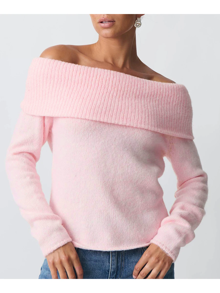 Women Off Shoulder Sweaters Long Sleeve Ribbed Knit Going Out Fall Tops Blouse Solid Color Boat Neck Loose Knitwear Pullover 4