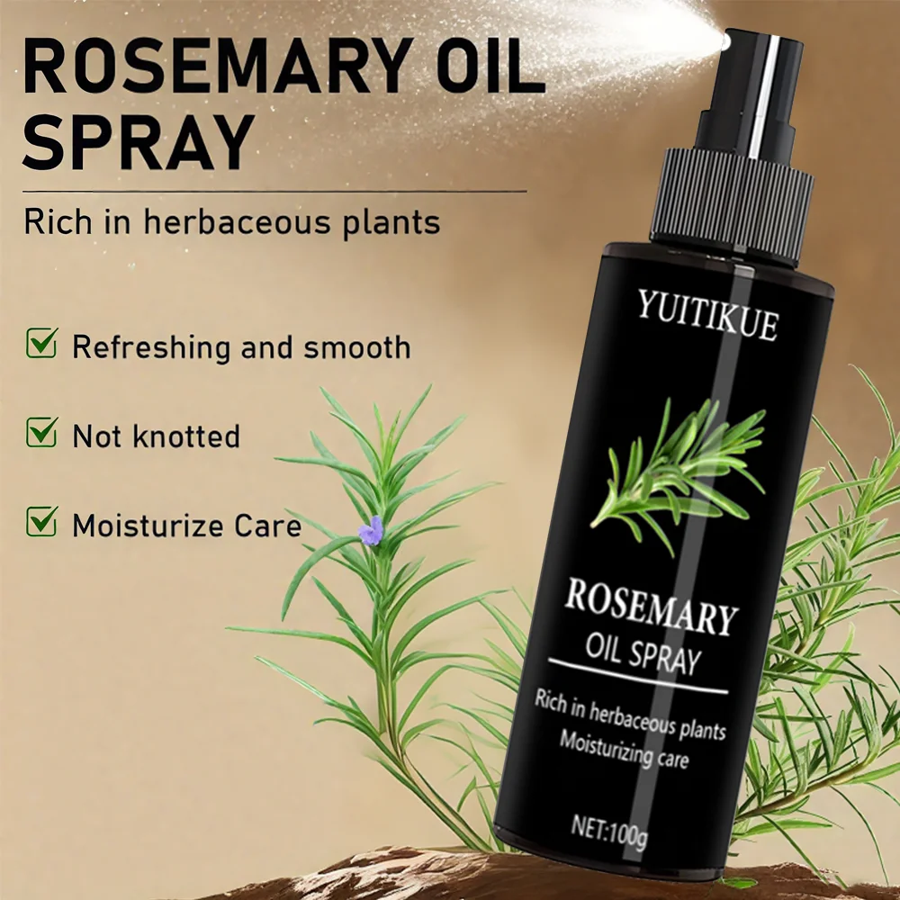 Rosemary hair oil spray, repairs hair damage, prevents hair loss, promotes hair growth, combats dry scalp, and increases shine.