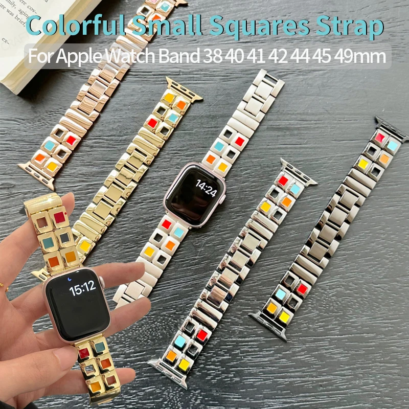 

Ремешок цветной для Apple Watch Band 44 мм 38 мм 40 мм 49 мм, маленький квадратный металлический браслет для Iwatch Series 7 8 9 SE 6 5 4, женский браслет