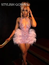 Luxury Sheer O Neck Women Mini Cocktail Dress Pink Feather Black Girl Beaded Crystal Rhinestone Short Prom Dresses 2023 For Birt