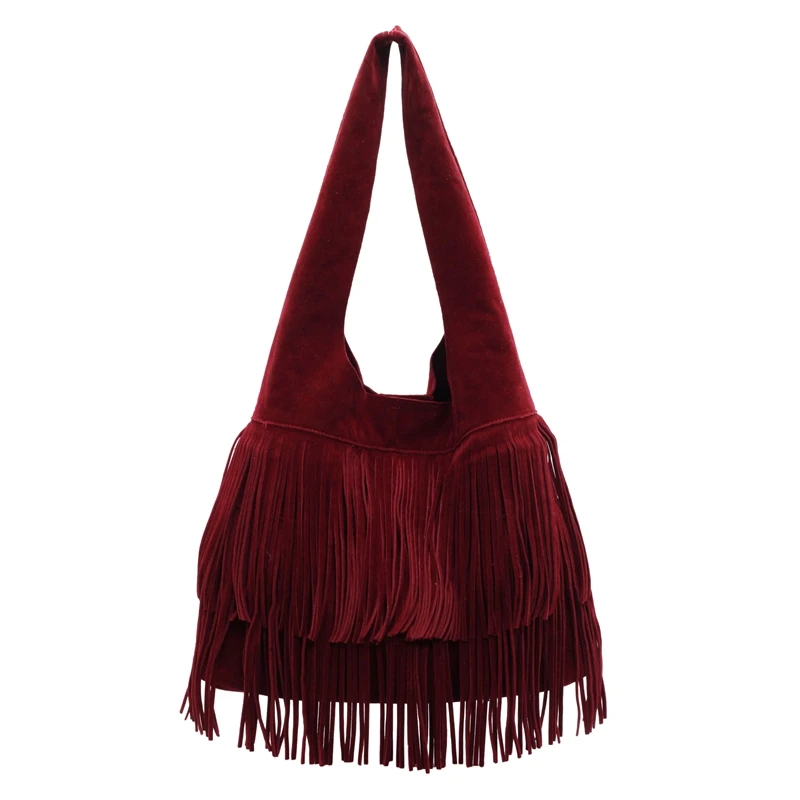 Women Frosted Slouchy Hobo Bag Faux Suede Fringe Underarm Bag Large Capacity Travel Tote Handbag Female Shopping Bag
