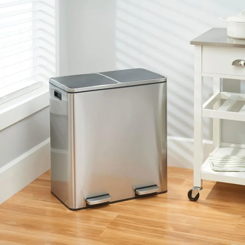 mDesign Metal Steel 16 Gallon/60-Liter, Dual Compartment Step Trash Can; Double Bin Trash Can/Recycler Combo for Kitchen 3