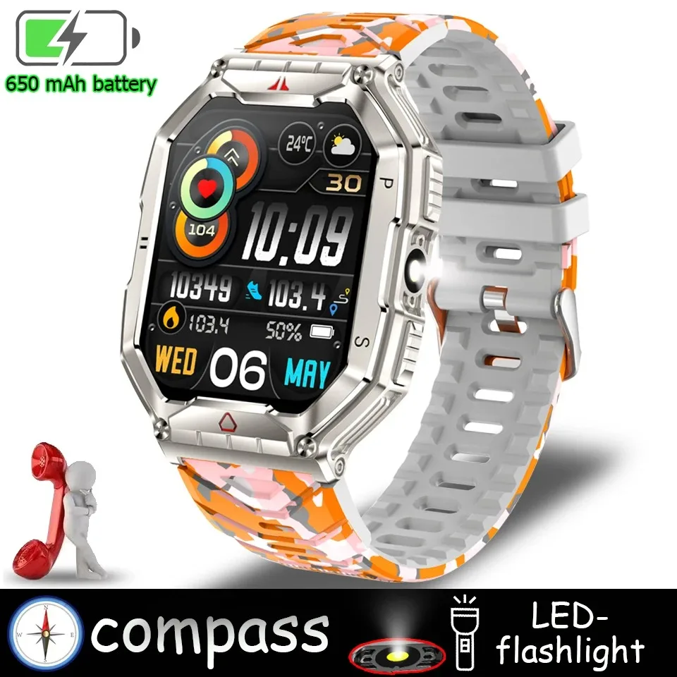 2024 New Rugged Military With LED Flashlight Smart Watch Men Heart Rate Bluetooth Call Waterproof Outdoor SmartWatch For Xiaomi 9