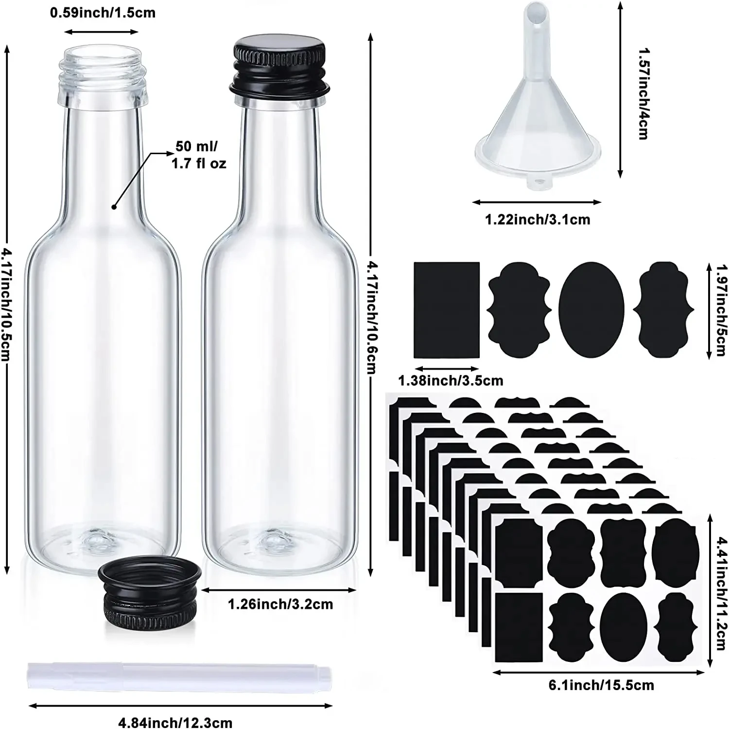 16/48/72Pcs 50ml Mini Liquor Bottles Reusable Plastic Empty Spirit Bottle Liquid Funnel Labels Pens for Vodka Champagne Whiskey