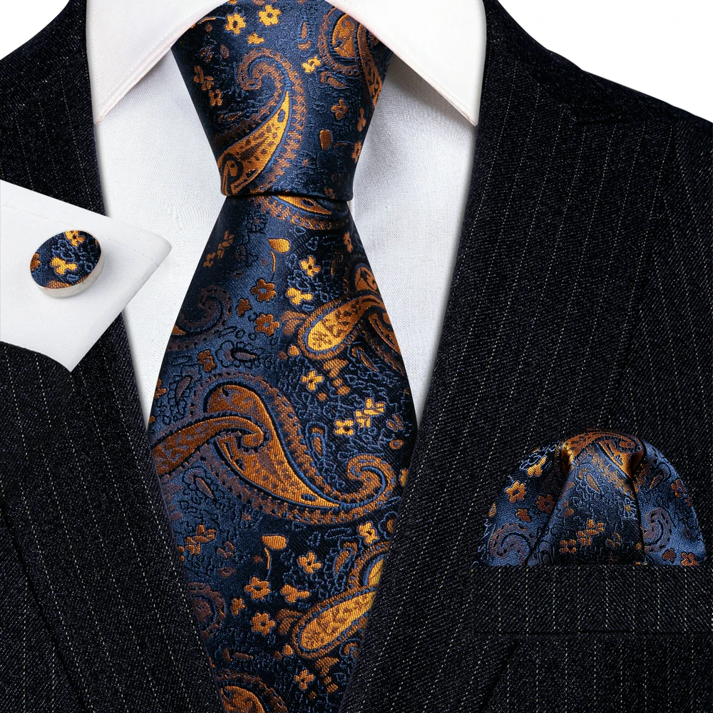 

Elegant Men Ties Set Blue Gold Paisley Silk Neck Tie Pocket Square Cufflinks Wedding Gift Free Shipping Barry·Wang Tie Clip 5953