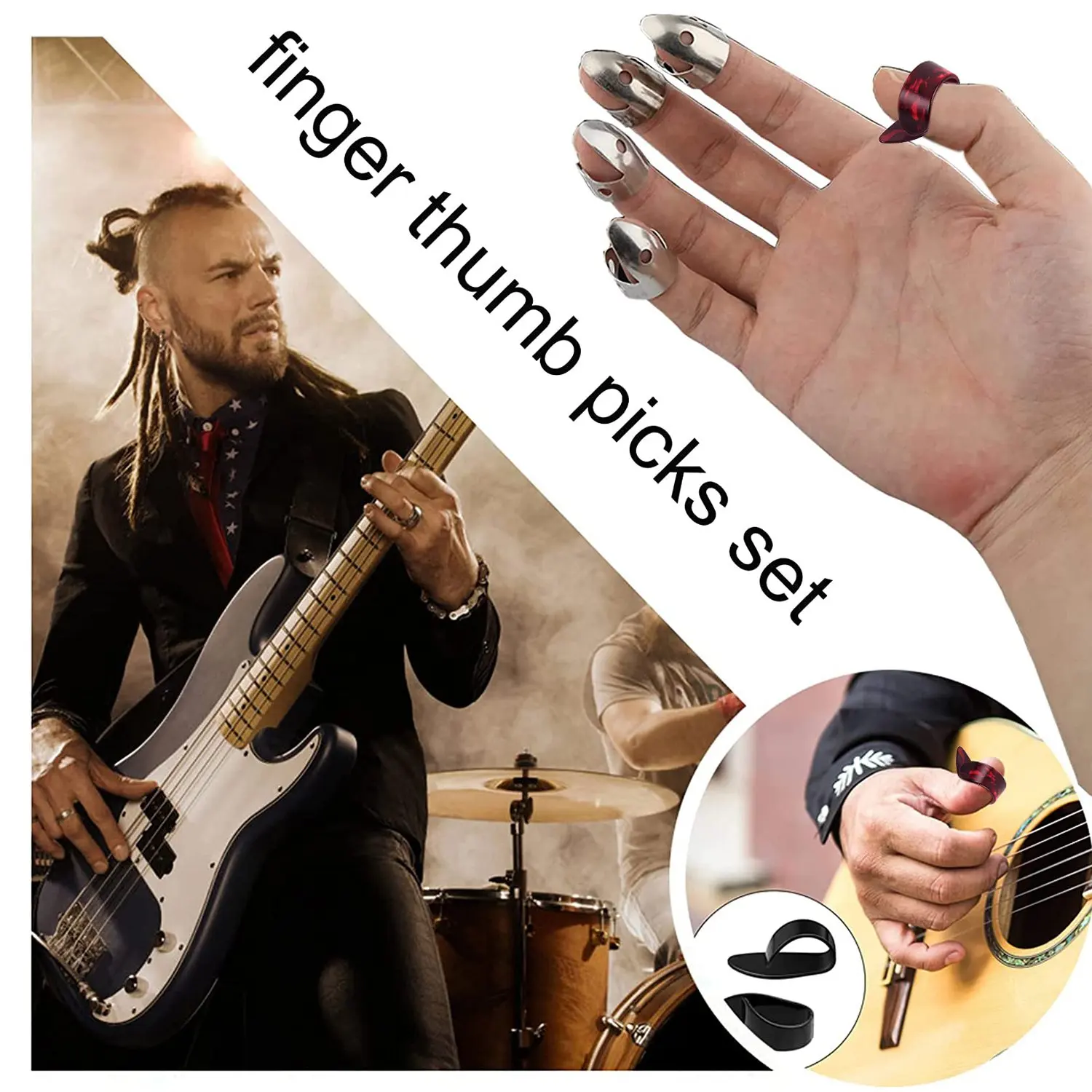 Adjustable Finger Thumb Picks Set 8Pcs Stainless Steel Finger Picks 4Pcs Plastic Thumb for Guitar Banjo