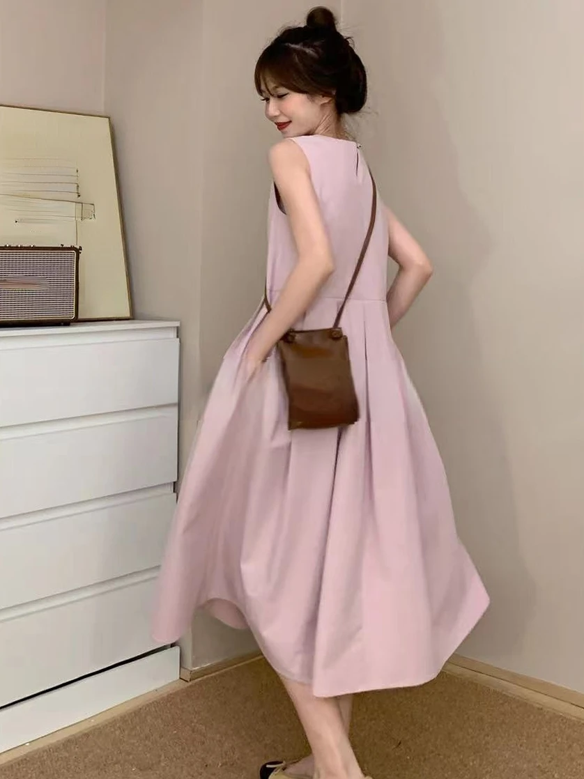 2024 Spring Solid Elegant Sundresses French Y2k Dress Korean Fashion O-Neck Midi Dress Office Women Casual Dress with Pockets
