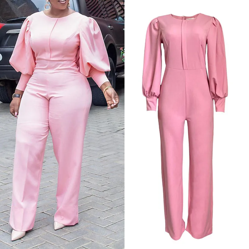 

Jumpsuits For Women 2023 Oversized Elegant Pink Solid Lantern Sleeve High Waisted Fashion Evening Night Party Rompers & Jumpsuit