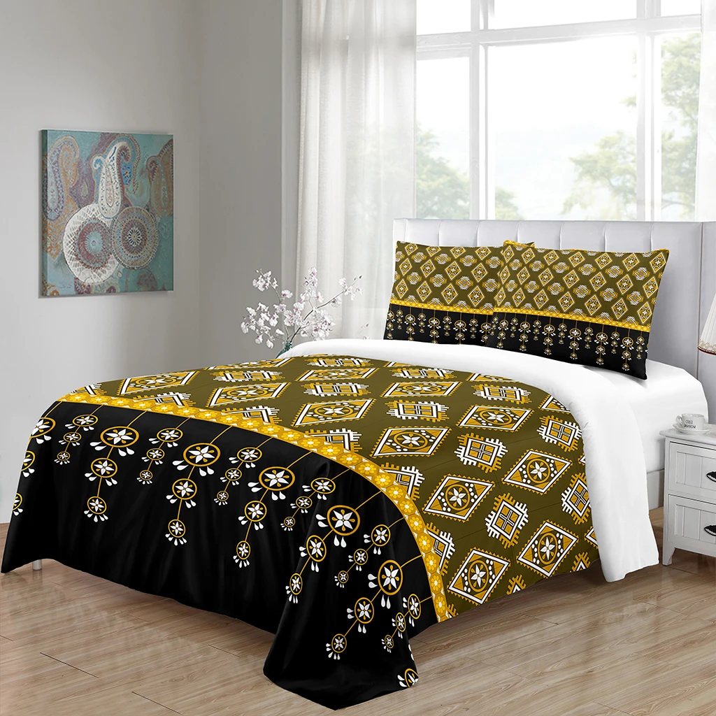 

3PCS Yellow Luxury Saba Telet Ethiopian Eritrean Polyester Bedding Sets Single Double Bed Duvet Cover Set and 2pcs Pillow Cover