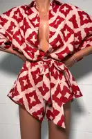 2024 New Autumn Women Loose casual Print Strap Jumpsuit Red Print Bow Tie Turndown Collar Loose Bodysuit Sexy Outfits Streetwear - Image 4