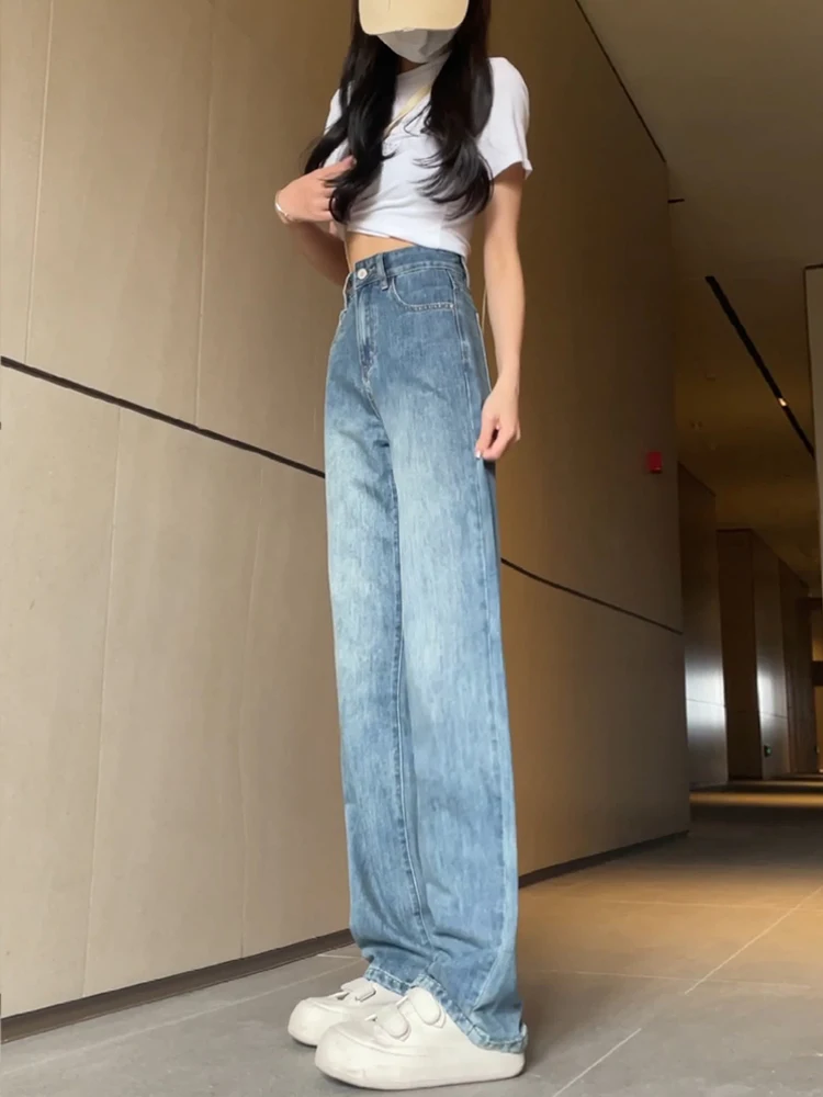 Women's Chic Straight Loose Jeans Lady Spring Summer Casual High Waist Vintage Blue Full Length Jeans