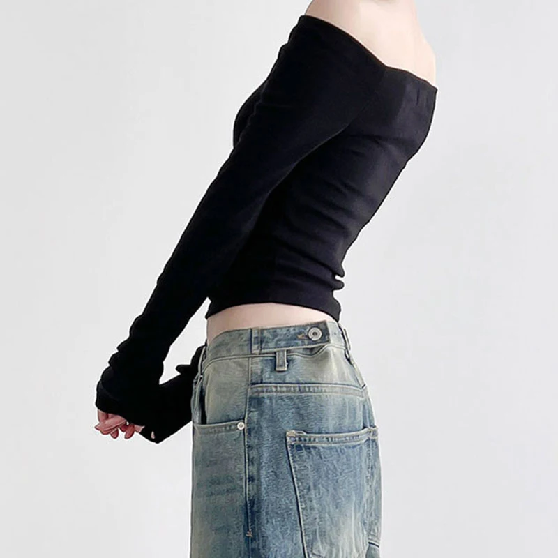 S652aa60494244ae1abe087d1b90a302be Black Solid Slash Neck Elegant Long Sleeve Tops Korean Fashion Slim Sexy Cropped T Shirt Women Fall Clothing