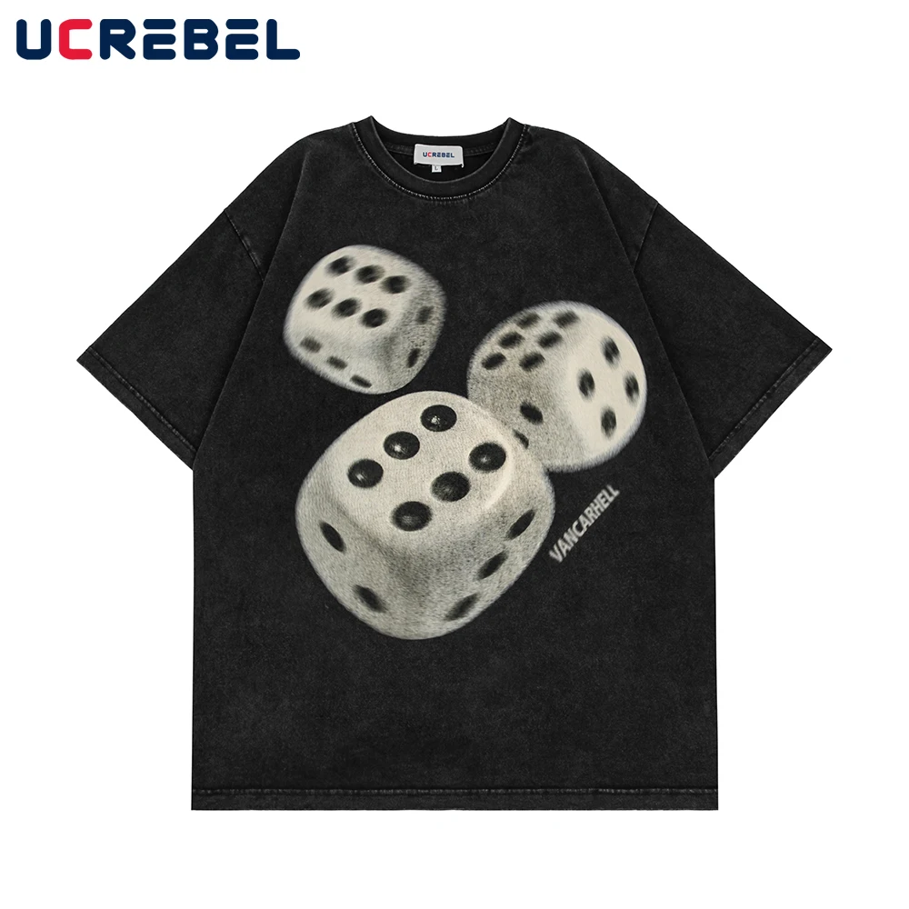 Dice Print Short Sleeve T-shirt Mens Summer Washed