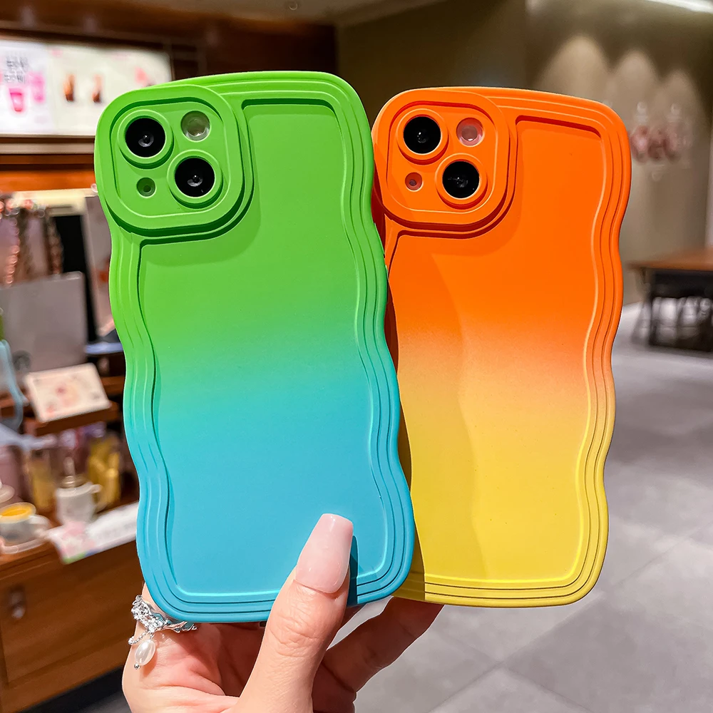 Farbverlauf-Bonbonfarben-Telefonhülle für iPhone 11 12 13 14 Pro Max 6 7 8 14 Plus X XR XS Max 12 13 Mini Cremefarbener Spitzenlinsenschutz_voghion.com