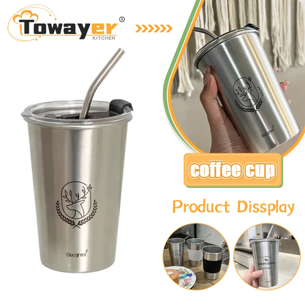 

500ML304 Stainless Steel Coffee Cup Insulation Outdoor Anti Drop with Lid Straw American High Aesthetic Water Cup Exquisite Gift