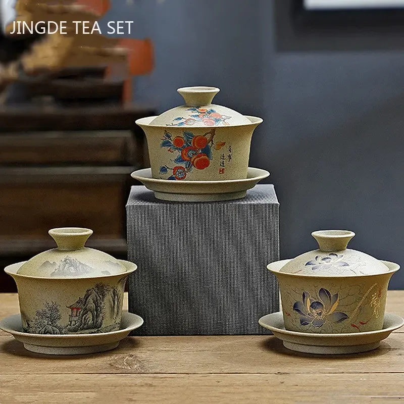 Tea Set 130ml Coarse Pottery Gaiwan Antique Ceramic Tea Infuser with Lid Teacup Bowl