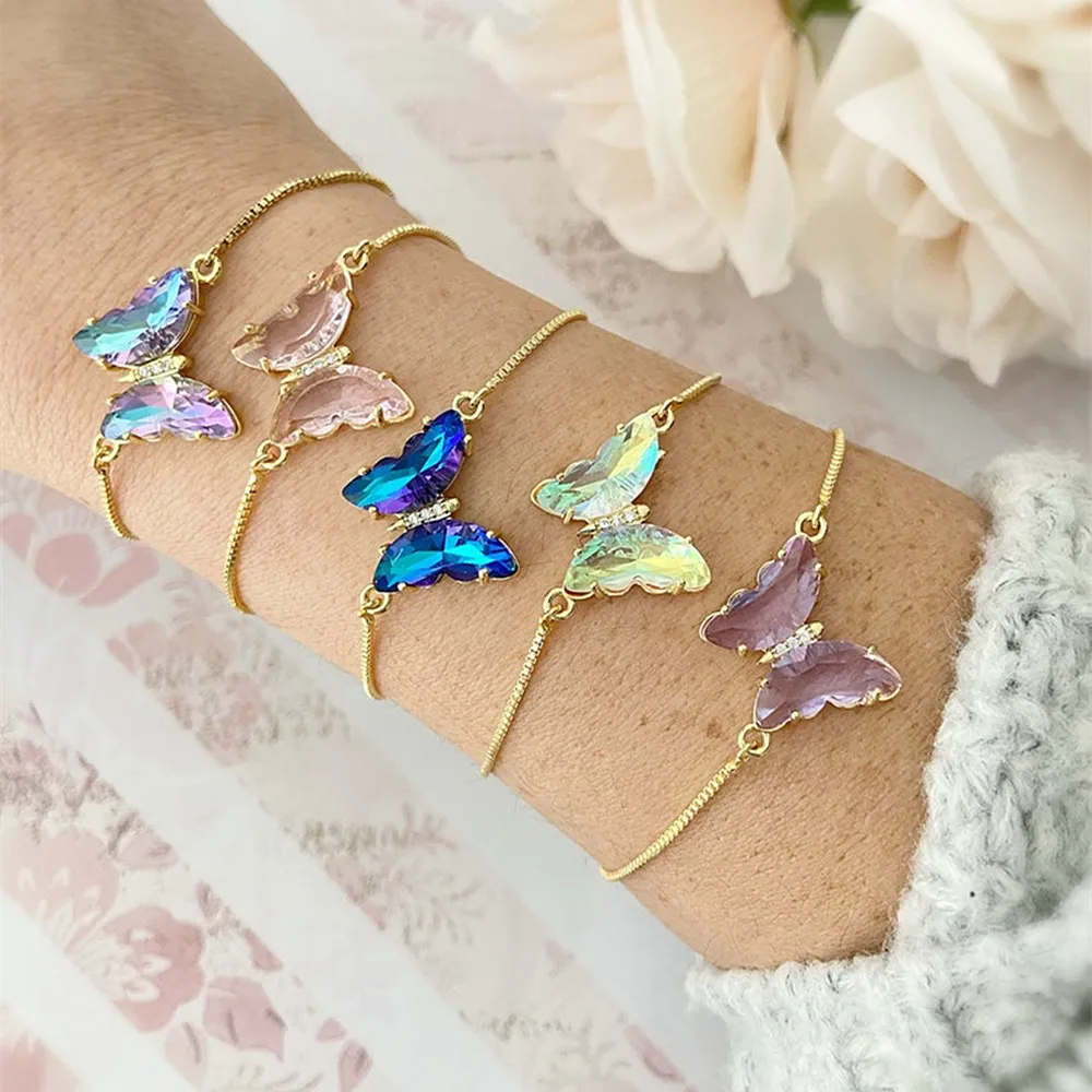 Glass Butterfly Bracelet Adjustable Bracelet Spring Jewelry Rolo Bracelet Box Chain Pulseras Mujer Friendship Gift