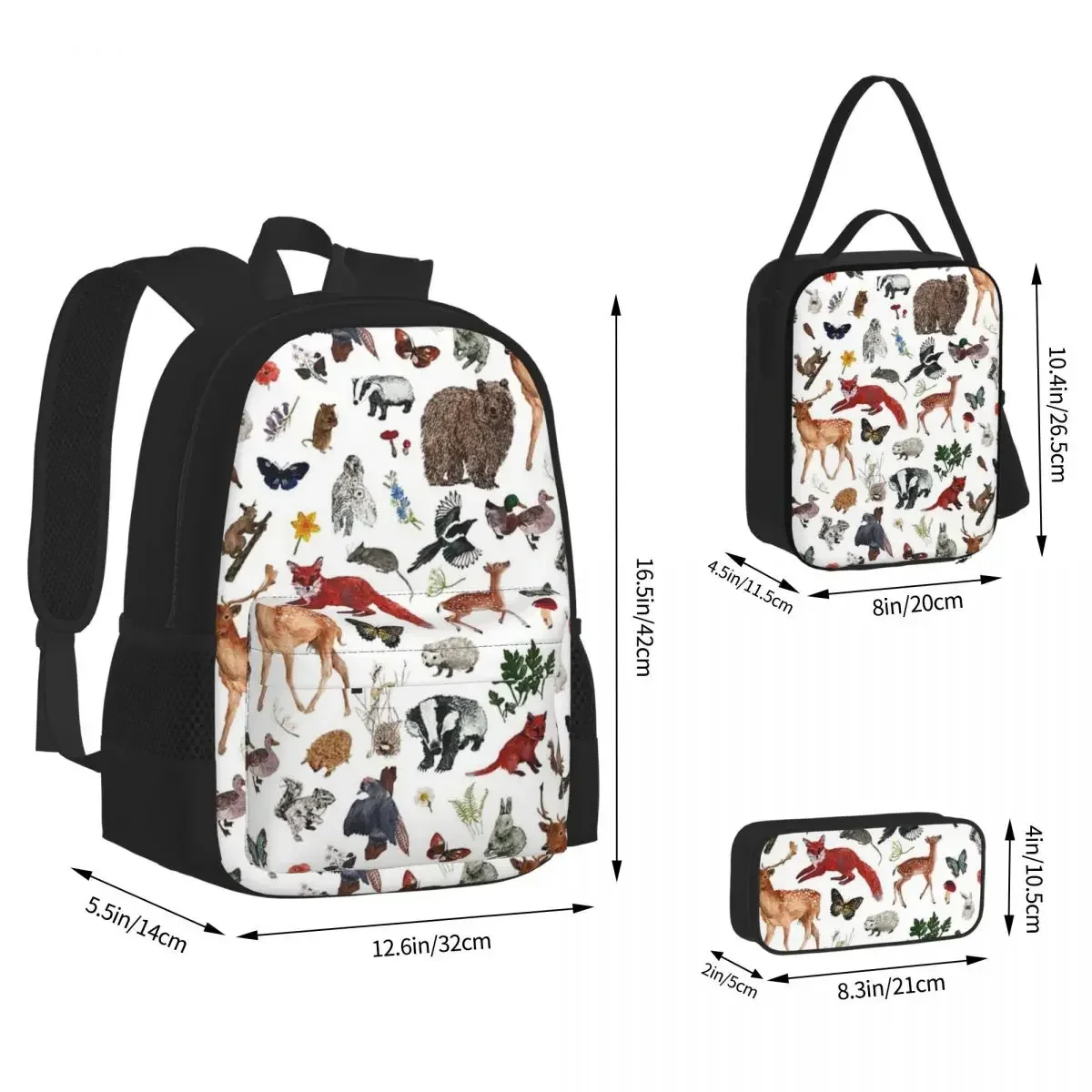 

Wild Woodland Animals Backpacks Boys Girls Bookbag Children School Bags Cartoon Kids Rucksack Lunch Bag Pen Bag Three-Piece Set
