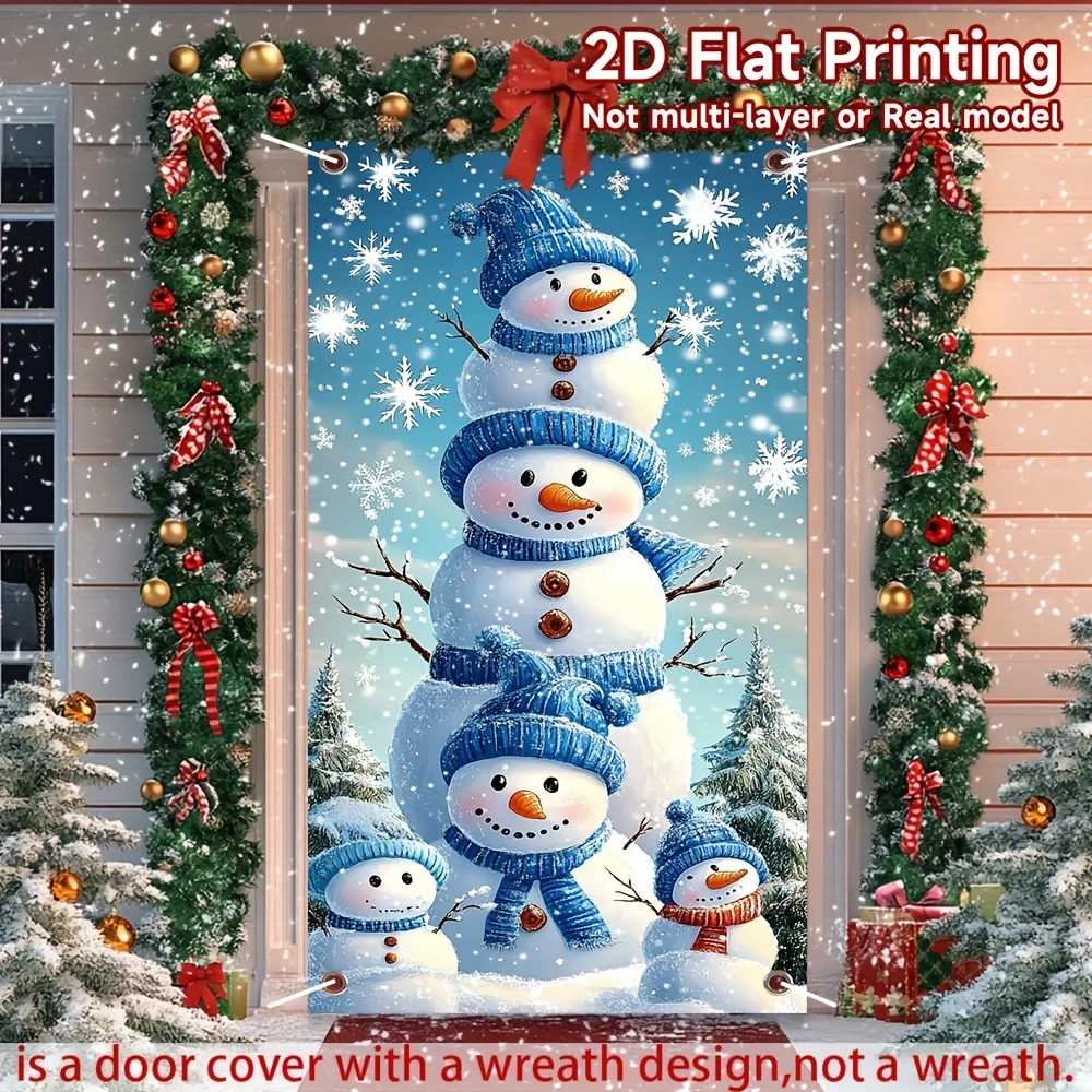 2D-Türvorhang-Banner, 2D-Weihnachtstürdekoration – blaue Schneemann-Familie, Winter-Wunderland-Design, Polyester – Detail 8