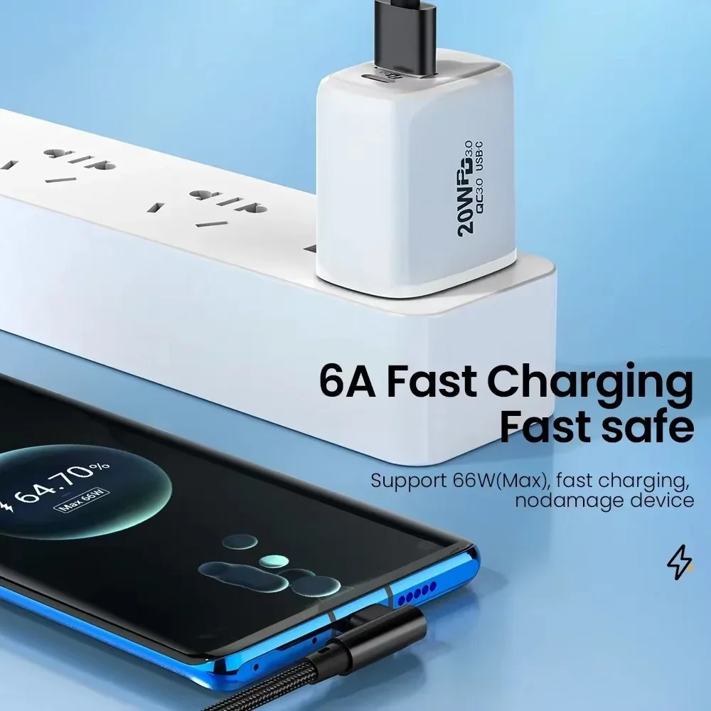 66W 6A 90도 엘보 USB to Type C 고속 충전 데이터 케이블 퀵차지 코드 0.25m 1m 1.5m 2m 3m 길이 휴대폰 충전 케이블