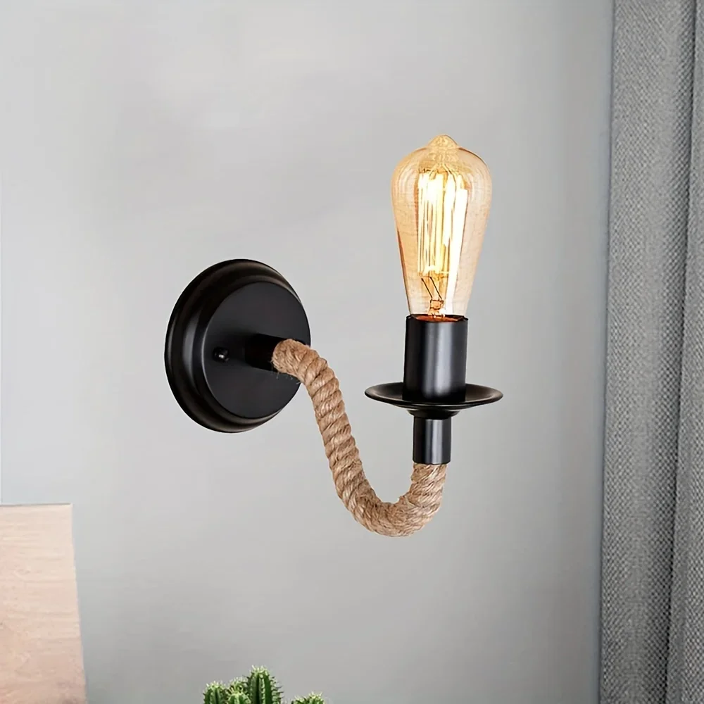 Wall Sconce Vintage Hemp Rope Wall Lamp Wood Wall Lamp E27 Indoor Loft Outdoor Wall Industrial Lamp Wall Lights (No Bulb)