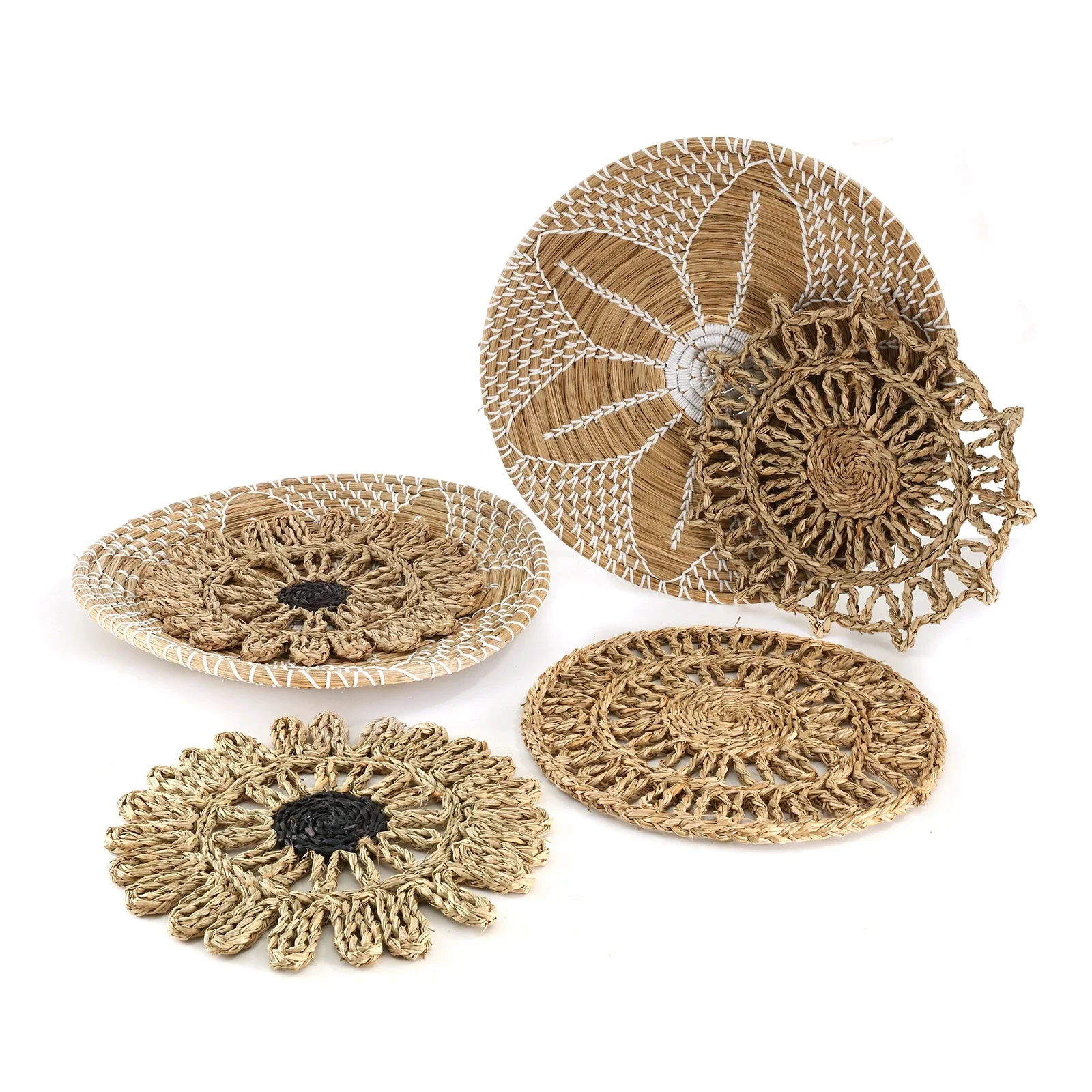 6Pcs Handmade Wall Hanging Woven Seagrass Basket African Boho Style Decorative Bowls Disks for Home Living Room Bedroom Decor 4