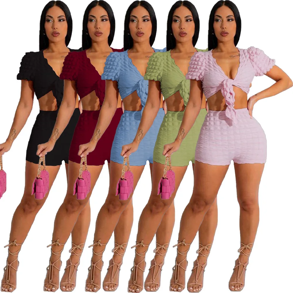 

Women Summer 2023 Outfits Bandage Two Piece Shorts Pant Sets Jogging 2 Piece Set Sexy Popcorn Crop Top V Neck Y2K Clothes Suits