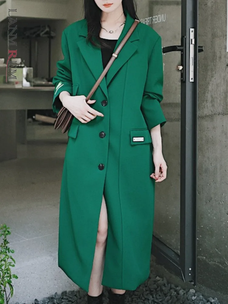 

LANMREM Green Trench Coat Women Notched Single Breasted Loose Fashion Long Windbreaker Female Streetwear 2023 Spring New 2R5315