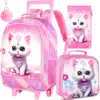 3PCS Rolling Backpack for Girls, Kids Roller Wheels Bookbag, Wheeled Elementary School Bag with Lunch Bag - Cat 1
