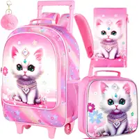 3PCS Rolling Backpack for Girls, Kids Roller Wheels Bookbag, Wheeled Elementary School Bag with Lunch Bag - Cat 1