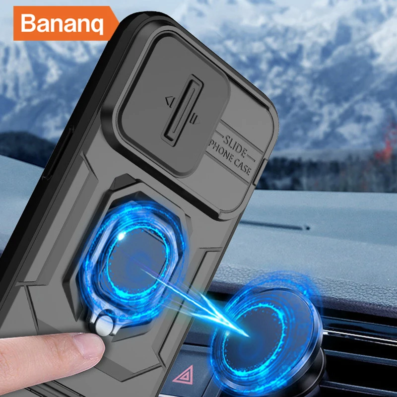 Bananq Slide Lens Camera Phone Case For iPhone 15 14 Plus 13 Pro Max Shockproof Magnetic Ring Stand Armor Back Cover_voghion.com