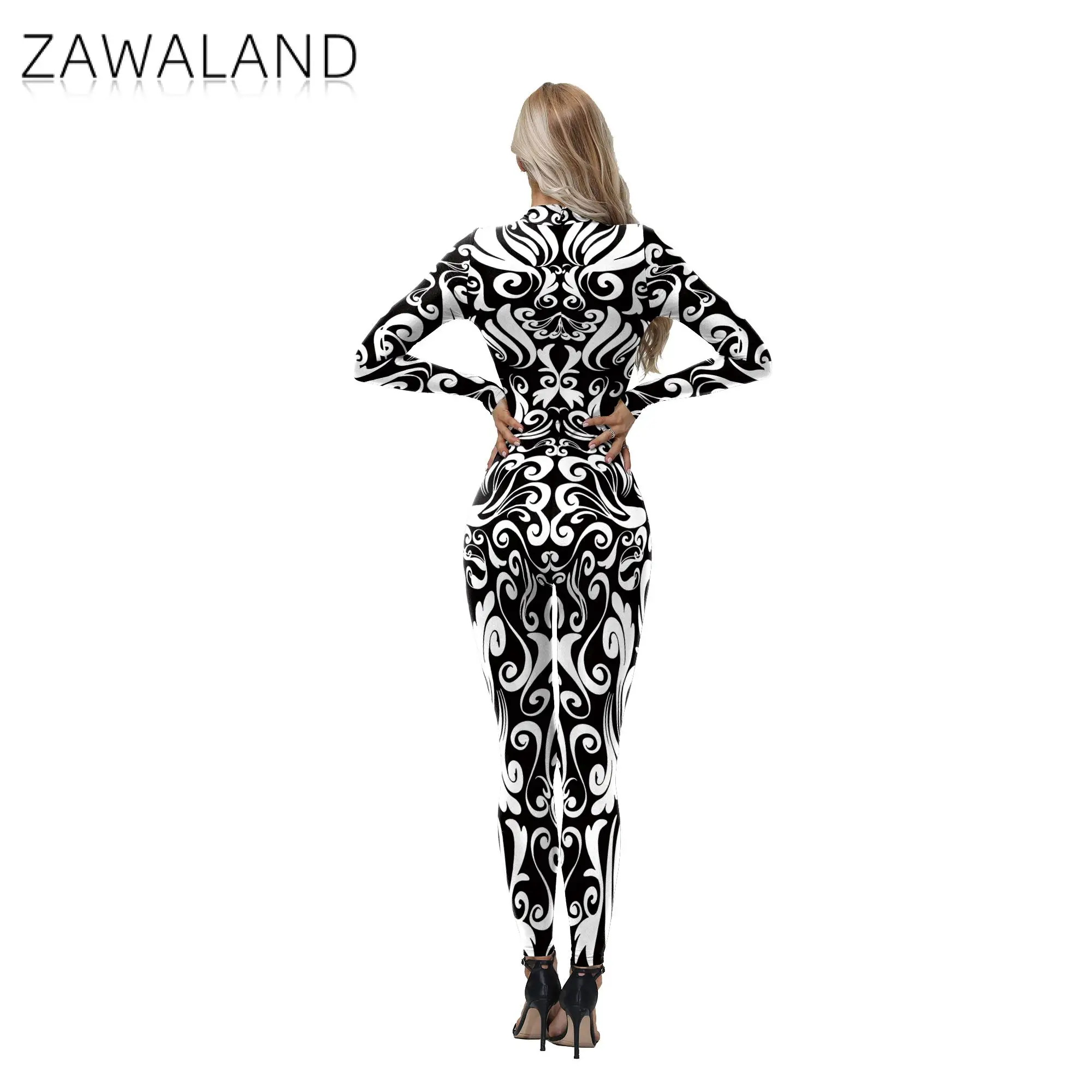 Zawaland Abstract Geometric Print Jumpsuit for Woman Sexy Zentai Bodysuit Festival Catsuit Art Performance Outfit Skinny Workout