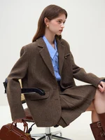 FSLE Retro Classic Style 100% Wool Suit Jacket for Women 2023 Niche Design Winter Commuter Brown Woolen Sets Female 1