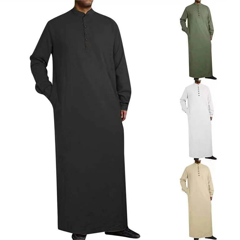 1Piece Long Sleeve Solid Color Men Muslim Robe Abaya Islamic Clothes Tunic Dress Long Sleeve Shirts Maxi Casual Men Clothing