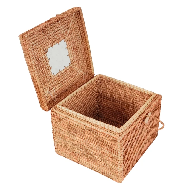 Rattan Baskets with Lid Woven Storage Basket Small Square Bins Decorative  for Table Top Living Room