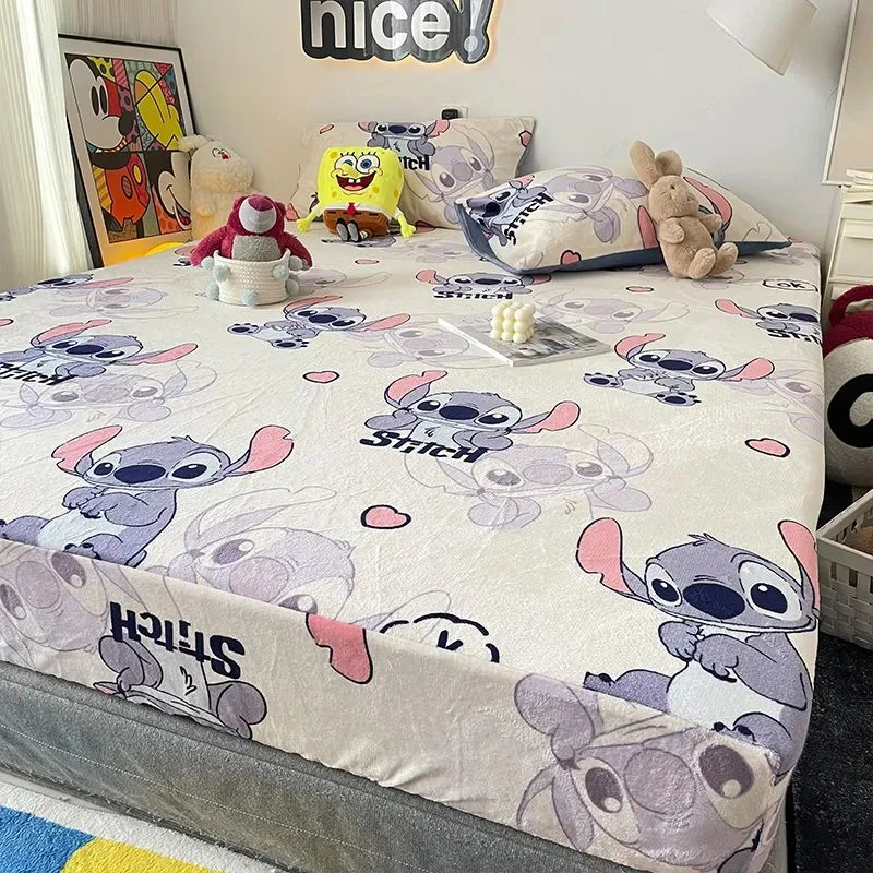 Cute Cartoon Stitch Plush Fuzzy 3 Pcs Bed Sets Winter Thickened Velvet Bed Cover Queen Size Fitted Sheet and 2 Pcs Pilowcases