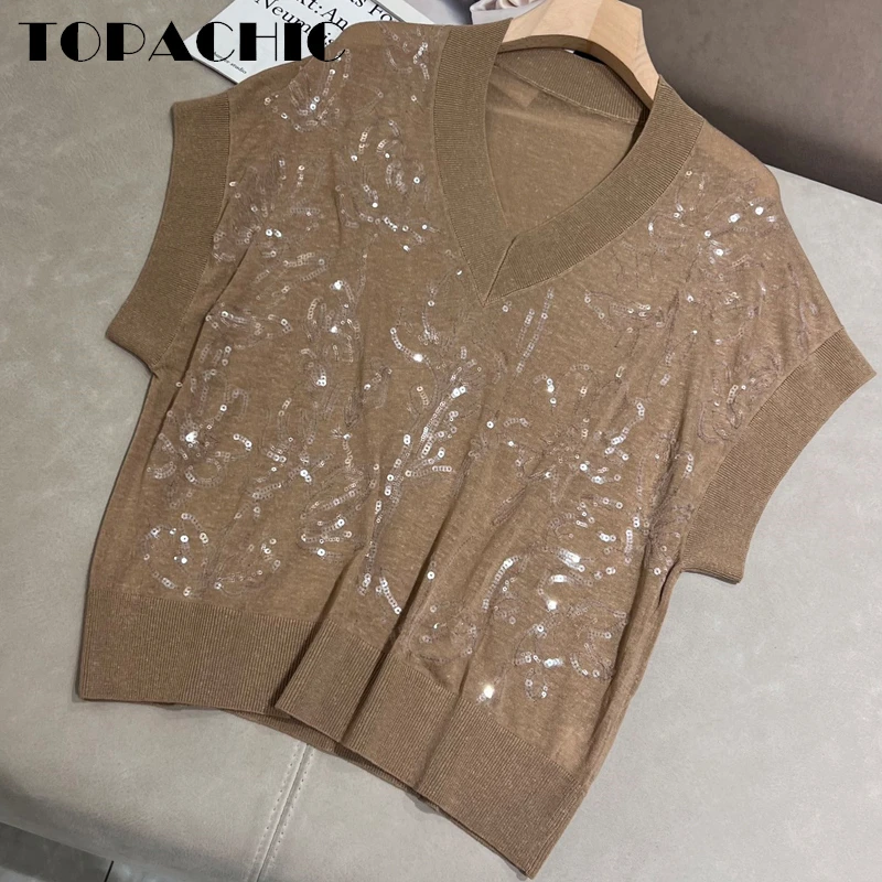 

5.14 TOPACHIC Fashion Bling Sequins Embroidery Short Sleeve Thin Linen Knitwear Top Women's V-Neck Loose Soft T-Shirt