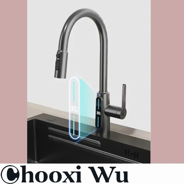 CHOOXIWU-หน้าจอดิจิตอล/ดึง/เย็นและร้อน/ก๊อกน้ำสำหรับห้องครัวเหนี่ยวนำอัจฉริยะ, ก๊อกน้ำอ่าง 1