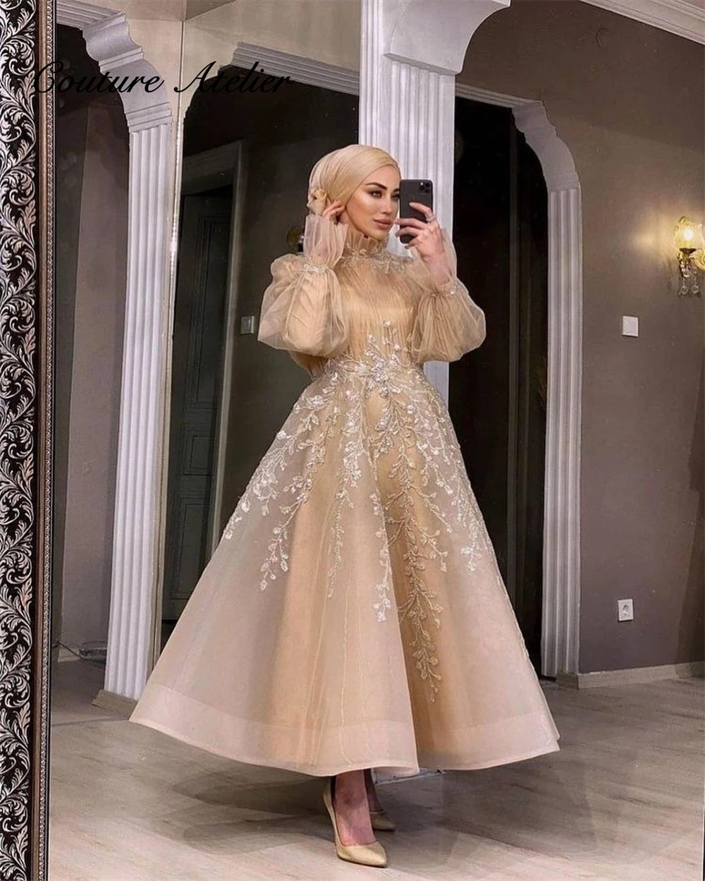 

Champagne Muslim Long Sleeve Evening Dresses 2023 Ankle Length Formal Dress Ladies Dresses For Special Occasions A Line Turkey