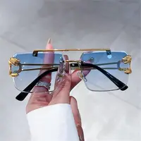 Lunettes de soleil à double pont vintage pour femmes et hommes, lunettes de soleil dégradées, nuances carrées, décor guépard, sans monture, métal, UV400 Respzed 5