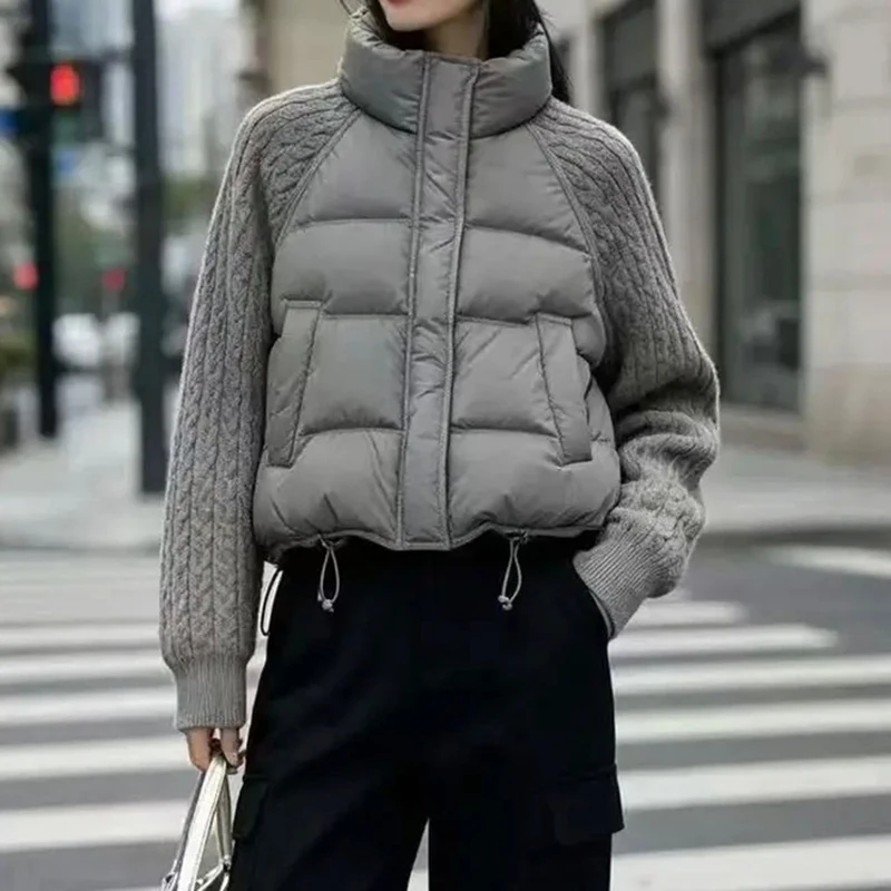 KUCLUT 2026 Winter New Fashion Knitted Patchwork Sleeve Short Cotton Jacket For Women Stand Collar Loose Short Coat 1A4295