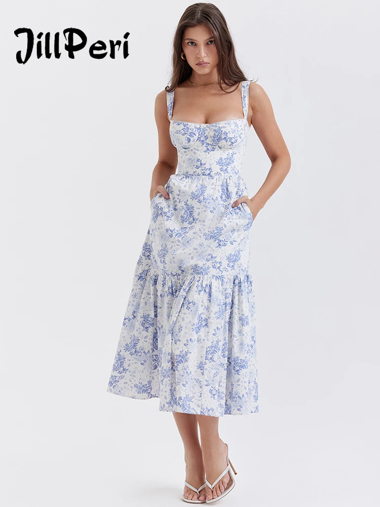 

JillPeri Floral Print Summer Midi Dress Women Chic Beach Wear Casual Daily Outfits Ladies Sundress