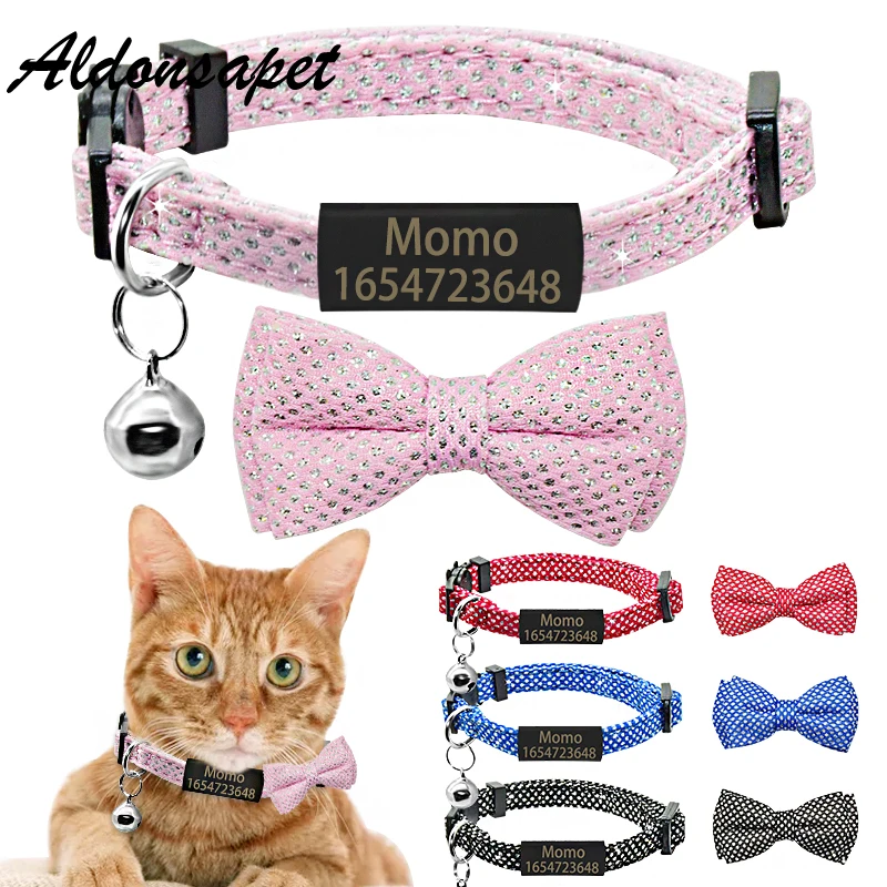 

Anti-lost Bowknot Cat Collar Personalized Nameplate Cat Collar Bell Necklace Custom Engraved ID Name Tag Cute Bow Tie Cat Collar