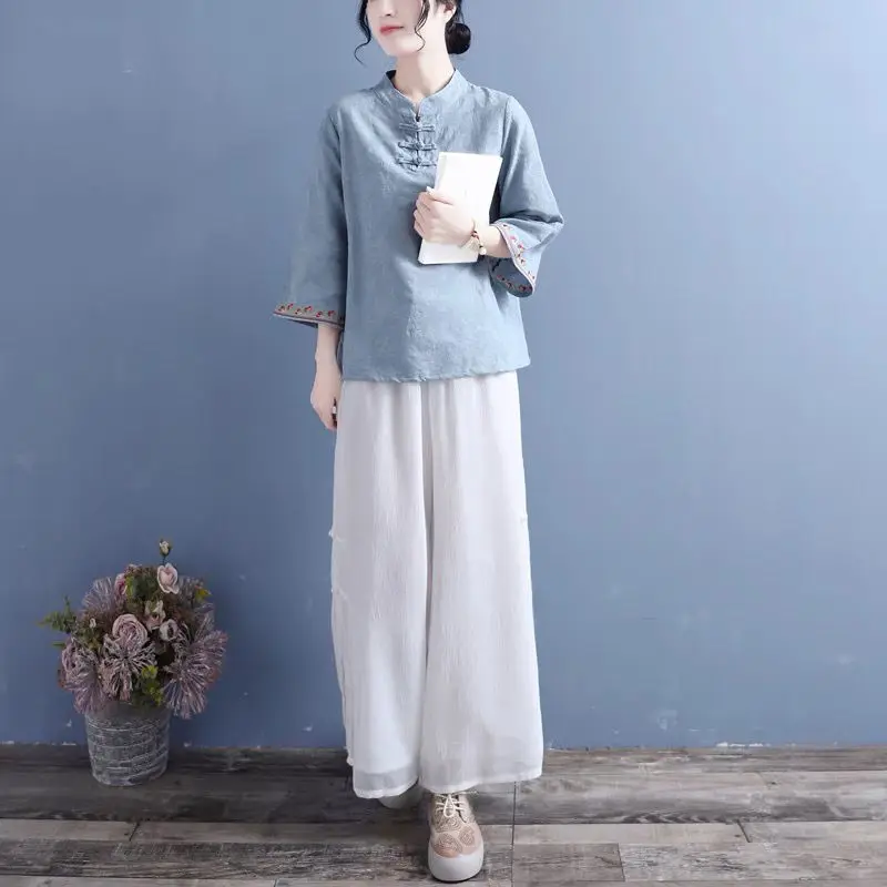 Cheongsam Women's Plus Size Tops Summer Cotton Blend Splicing Embroidery Stand Collar Chinese Style Qipao Shirts Woman