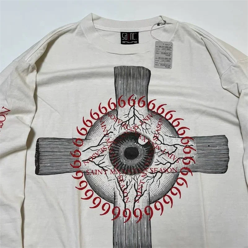 

Oversized SAINT MICHAEL Washed White Hoodie Men Women 1:1 Eyeball Cross Print Vintage Long Sleeves